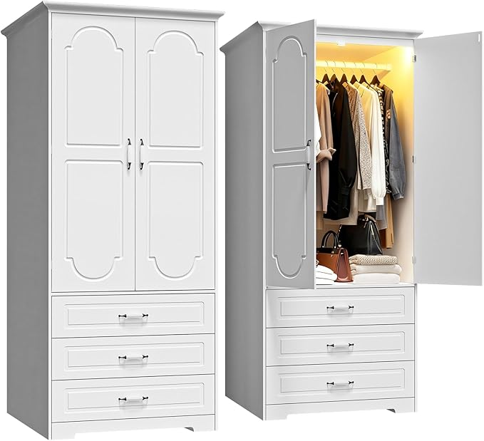 FJTJBSI Armoire Wardrobe Closet with 3 Drawers and LED Light 72" Wooden Bedroom Armoire with 2 Doors and Retro Ceramic Door Handles Modern Wardrobe Cabinet with Removable Hanging Rod White
