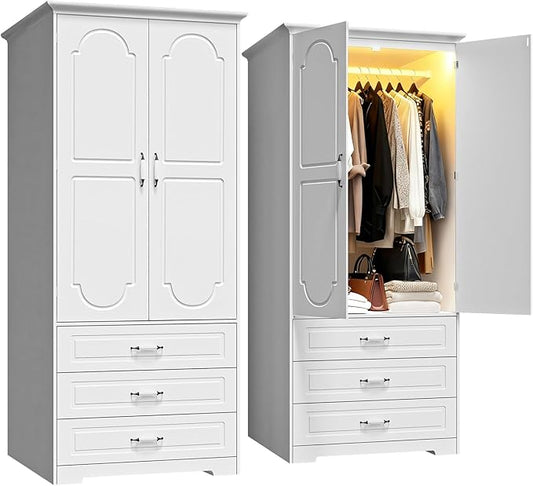 FJTJBSI Armoire Wardrobe Closet with 3 Drawers and LED Light 72" Wooden Bedroom Armoire with 2 Doors and Retro Ceramic Door Handles Modern Wardrobe Cabinet with Removable Hanging Rod White