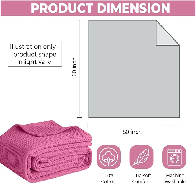 100% Cotton Blankets for Bed - Waffle Weave Blankets for Summer, Lightweight and Breathable Soft Woven Blanket for Spring (Pink, Throw (50" x 60"))