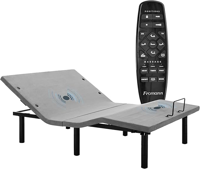 Fromann Adjustable Electric Full Bed Base Frame with Massage, USB Type-C Ports, Zero Gravity, Under Bed Led Lighting and Three Leg Height (Grey)