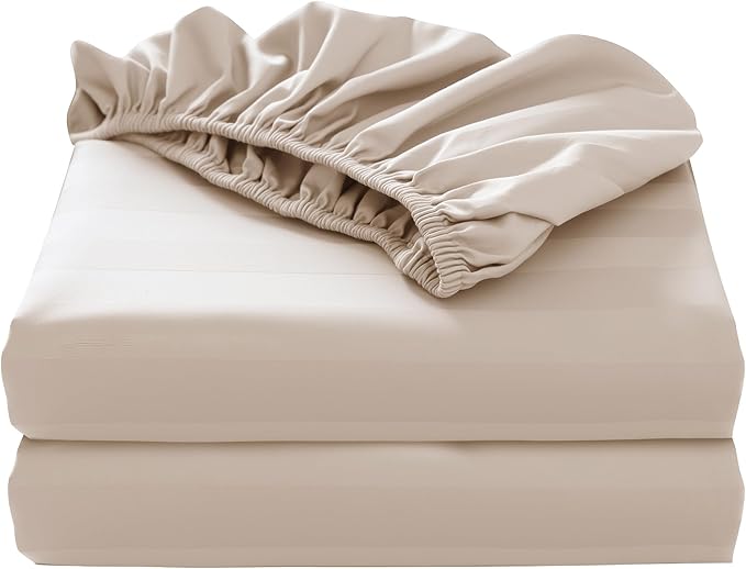 2-Pack Pure Cotton Bottom Sheet Full Size, 600 Thread Count 16" Deep Pocket Egyptian Cotton Fitted Sheet (2-Pack, Full, Stripted Beige)