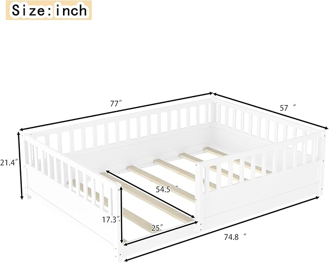Bellemave Full Floor Bed with high Fence, Solid Pine Wood Montessori Bed for Kids Girls Boys Floor Bed Frame, White with slats