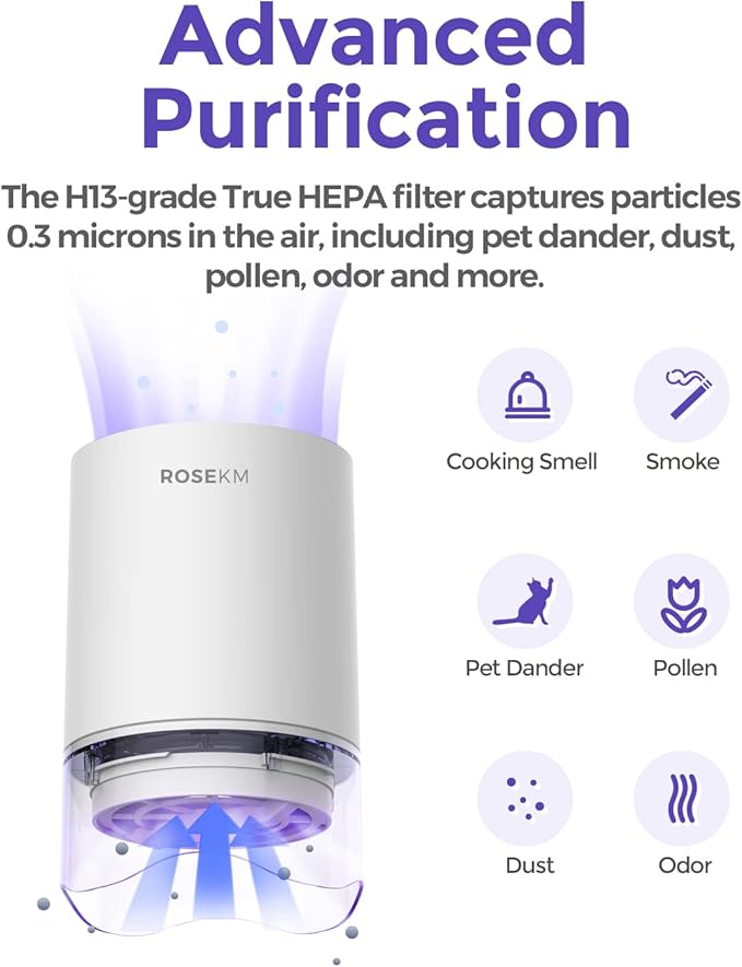 Rosekm Small Air Purifier for Home Bedroom, Personal Desk Mini Air Purifier, Room Hepa Air Purifier Fresheners Cleaner for Dorm, Pets, Smoke, Desktop, Office (2 Pack)