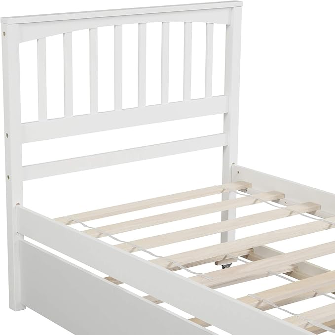 Ball & Cast Twin Bed Frames,Dyabed Platform Bed W/Pull Out Trundle Bed and Headboard,Wood Slats Support,Mattress not Included,for Bedroom,Guest Room,Apartment,White