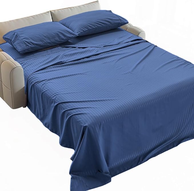 Kingnex Striped Sofa Bed Sheets Queen for Sleeper Sofa Bed Soft Double Brushed 4 Piece Bedding Pillowcase Set (60"x74"x6") Navy