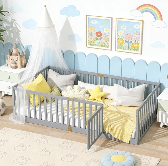 Bellemave Twin Size Montessori Floor Bed with 21.5" High Rails, Rubber Wood Twin Floor Bed with Slats and Door, Gray