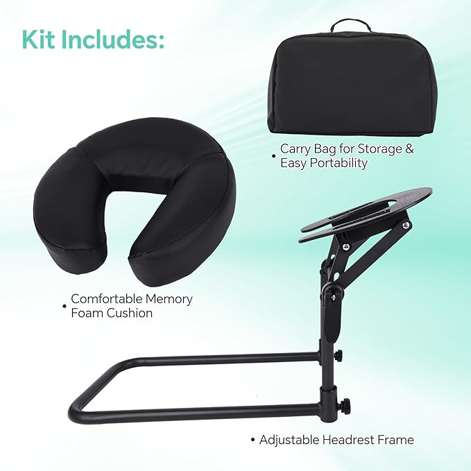Portable Massage Headrest for Bed, Adjustable Face Cradle & Face Down Pillow with Memory Foam & PU Leather, Foldable Home Massage Kit for Mattress Top, Fits 5.5-17.7" Mattress