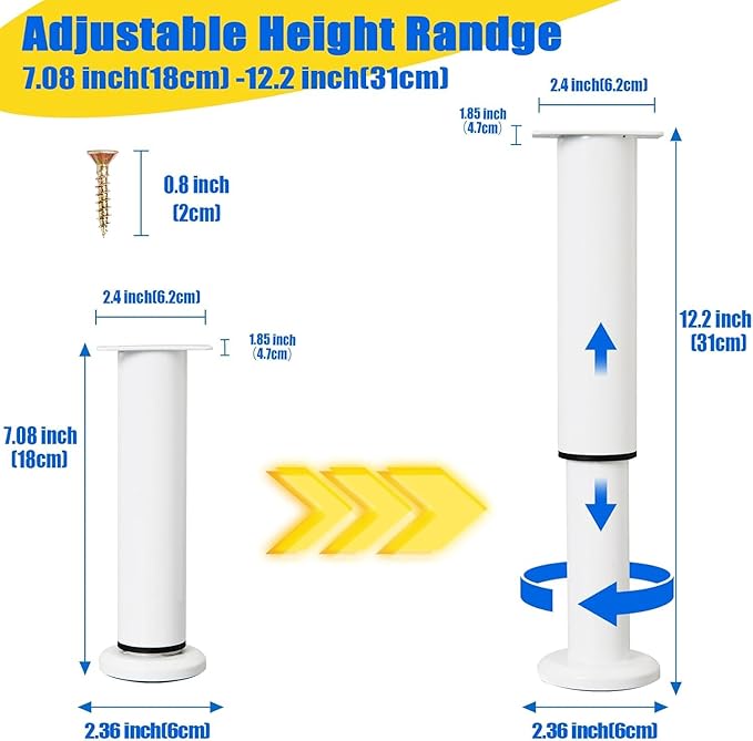 6 PCS Adjustable Height Bed Support Legs for Bed Frame/Bed Center Slat, Heavy Duty Furniture Replacement Legs 7.08-12.2 inch for Sofa/Cabinet/Couch/Dresser/Table (White)