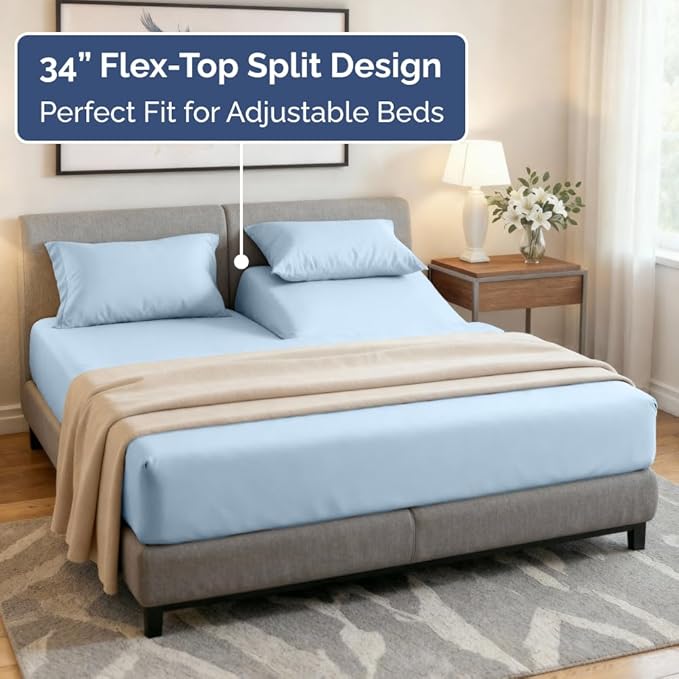 Flex Top Split Head King 4 Piece Sheet Set - Ultra-Soft, Breathable & Cooling Bed Sheets Set - Hotel Luxury Bedding for Women & Men with Deep Pockets - Wrinkle and Fade Free - Oeko-Tex - Light Blue