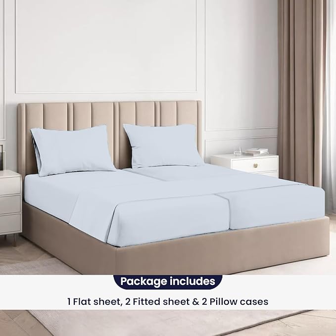 SGI Split King Sheet Set for Adjustable Bed Egyptian Premium Cotton 600 Thread Count Sheets for Sleep Number Bed 15" Deep Pocket 5 Pc Set with 2 Twin XL Fitted Sheets Soft Breathable -Light Blue