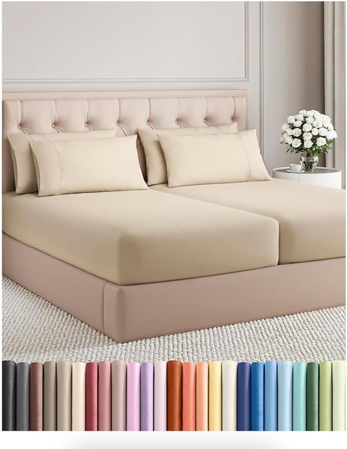 Split King 7 Piece Sheet Set - Comfy Breathable & Cooling - Hotel Luxury Bedding for Women, Men, Kids, Teens & Children - 1 Flat & 2 Fitted Sheets & 4 Pillowcases w/ Deep Pockets, Wrinkle Free- Wheat