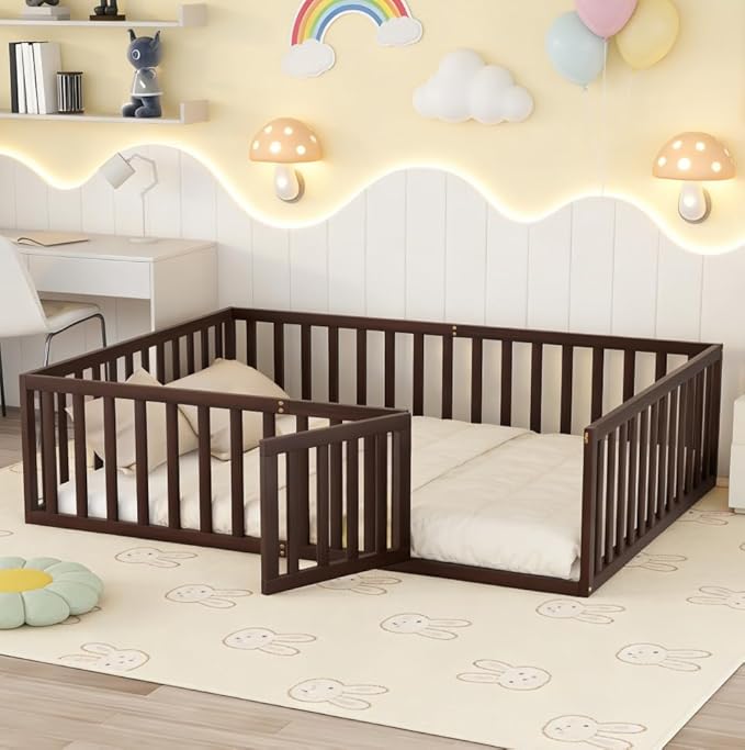 Bellemave Queen Size Montessori Floor Bed with 21.7" High Rails, Pine,Plywood Floor Bed with Small Door, Walnut
