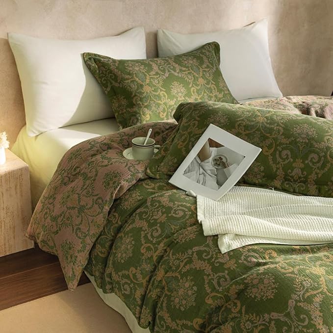 VM VOUGEMARKET Olive Green Duvet Cover Set King,Reversible Medallion Flower Print Bedding Set Linen Cotton Yarn-Dyed Textured Bohemian Duvet Cover with Zipper Closure-104 x90