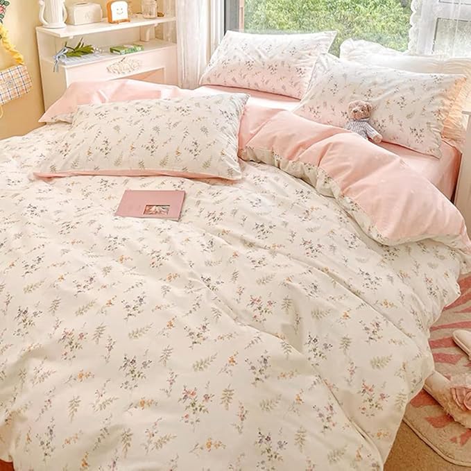 Nayoroom Floral Duvet Cover Queen Size Girls Pink White Botanical Flower Coquette Bedding Set 3 Pieces Soft Breathable Garden Cottagecore Aesthetic Comforter Cover with Pillow Shams