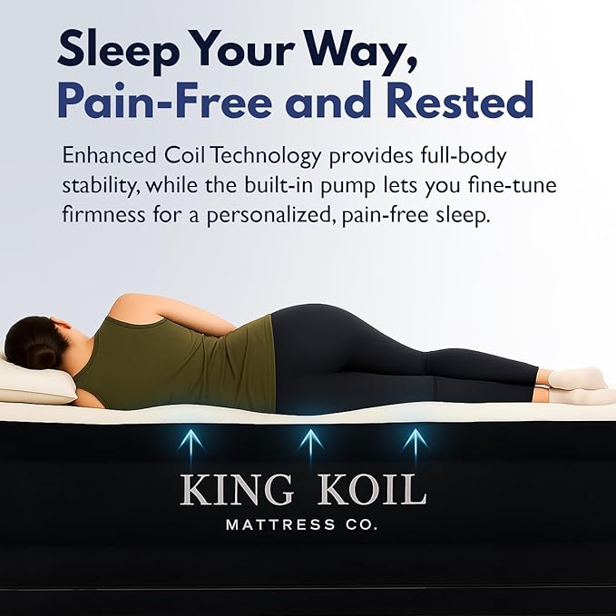 King Koil Luxury Pillow Top Plush Queen Air Mattress with Built-in High-Speed Pump Best for Home, Camping, Guests, 20" Queen Size Double Airbed Adjustable Blow Up Mattress, Waterproof, 1-Year Warranty