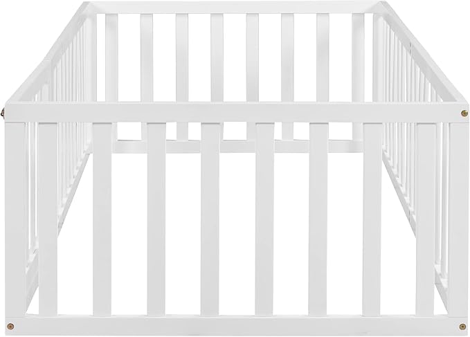 Bellemave Twin Size Montessori Floor Bed with 21.7" High Rails, Pine,Plywood Floor Bed with Small Door, White