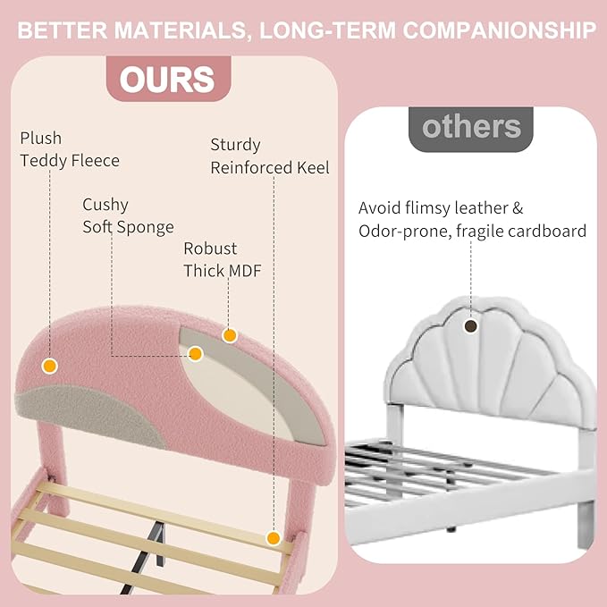 Garvee Twin Bed Frame with Round Boucle Headboard, Upholstered Arch-Shaped Design in Soft Pink & White, Modern Kids Wooden Slats Bed, No Box Spring Required & Easy Assembly