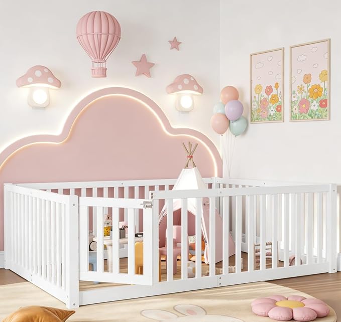 Bellemave Full Size Montessori Floor Bed with 23.5" High Rails, Pine,Plywood Full Floor Bed with Small Door, White