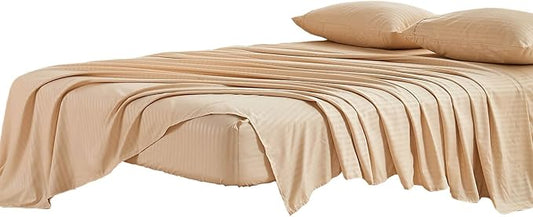Kingnex Striped 66x80 Olympic Queen Sheets Sets for Super Queen Bed Soft Brushed 1800 Microfiber 4 Pcs Include 1 Fitted Sheet 1 Flat Sheet 2 Pillowcases Beige