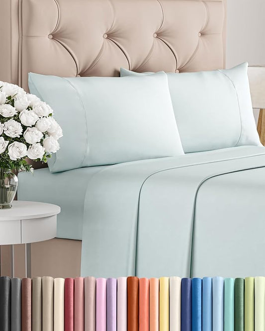 Twin 4 Piece Sheet Set - Comfy, Breathable & Cooling - Hotel Luxury Bedding for Women, Men, Kids, Teens and Children - 1 Flat & 1 Fitted Sheet & 2 Pillowcases w/ Deep Pockets - Wrinkle Free - Ice Blue