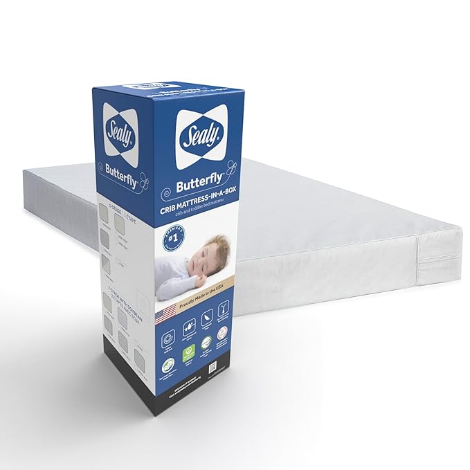 Sealy Baby Butterfly Antibacterial 2 Stage Waterproof Crib Mattress Plus Toddler Bed Fit, Ultra Firm Orthopedic Foam, GREENGUARD Gold Certified, Safety & Quality Tested, Made in USA, 52"X28"