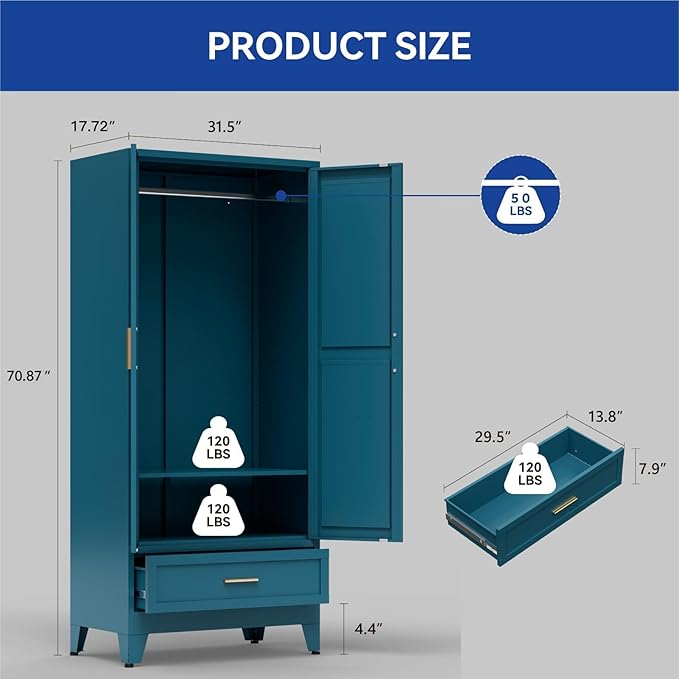 COFaR Metal Armoire Wardrobe Closet with Drawer, 71'' Tall Farmhouse Bedroom Armoires with Doors and Hanging Rod, Freestanding Steel Wardrobe Cabinet Coat Closet for Bedroom, Peacock Blue