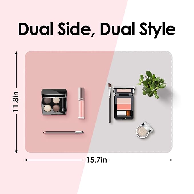Makeup Mat for Vanity to Protect Desk Top 15.7 x 11.8in, Dual-Sided Makeup Mat, Easy to Clean Desk Pad - Waterproof and Oilproof Vanity Accessories (Pink and Silver)