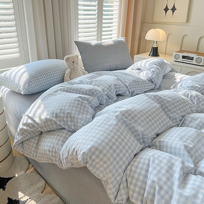 Nayoroom Gingham Duvet Cover Full Size Blue White Plaid Checkered Comforter Cover 3 Pcs Soft Breathable Washed Microfiber Grid Farmhouse Bedding Set with Pillow Shams