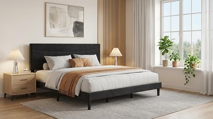 IDEALHOUSE King Size Upholstered Platform Bed Frame with Ergonomic Headboard, Beige Soft Fabric, Heavy Duty Wooden Slats, Noise-Free, 6.3" Underbed Storage, No Box Spring Needed, Easy Assembly