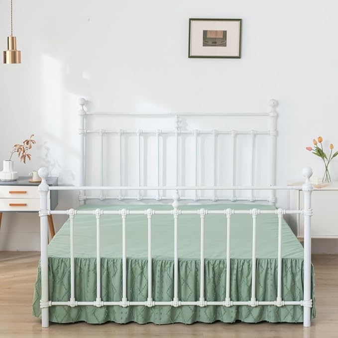 Bed Skirt Full Size Ruffled Bed Skirt with Split Corners, 14 Inch Drop Dust Ruffle Bed Skirts with Platform, Boho Tufted Shabby Chic Full Size Bed Skirts, Sage Green