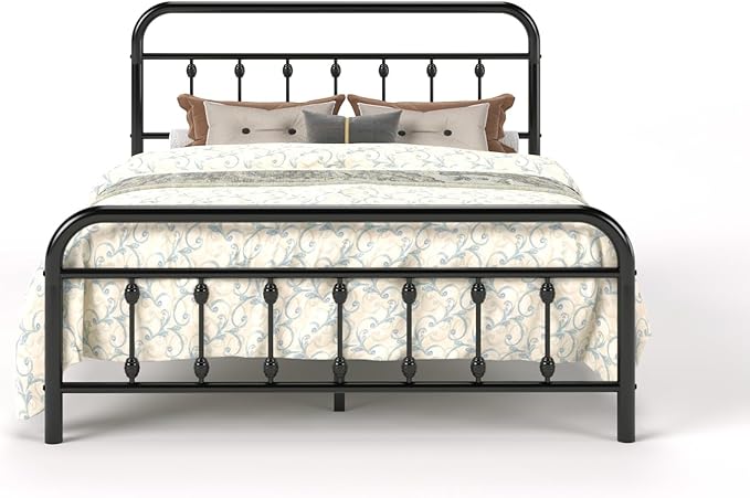 SHA CERLIN Queen Size Metal Platform Bed Frame with Victorian Style Iron-Art Headboard and Footboard, Easy Assembly, Under Bed Storage, No Box Spring Required, Black