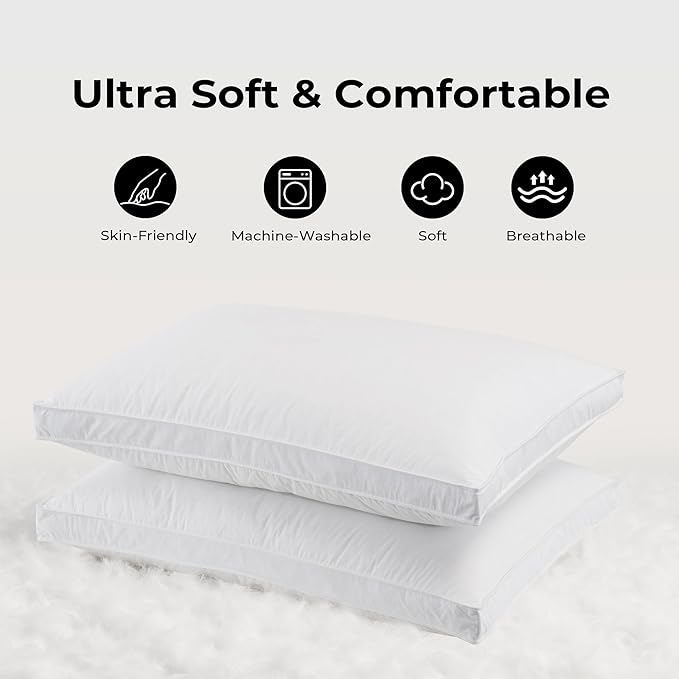 UNIKOME White Goose Down Feather Gusseted Pillows - 100% Cotton Cover - Queen Size Pillow Set of 2, Made in Japan Pillow for Sleeping