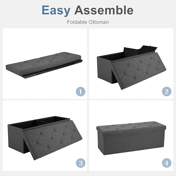 DUMOS 43 Inch Folding Storage Ottoman Bench, Large Hidden Storage Chest withThicker Foam Padded Seat, End of Bed Foot Rest Stool for Bedroom Living Room Entryway, Load 660 lbs, Grey