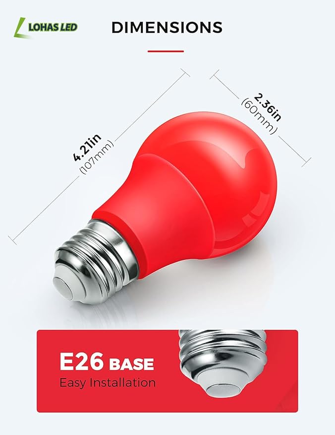 L LOHAS LED Red LED Light Bulbs, A19 9W (60W Equivalent) Christmas Red Colored Light Bulb Indoor, E26 Base, Non-Dim, 4 Pack