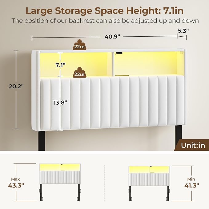 Rolanstar Headboard for Twin Size Bed with Storage, Head Board with USB & Type C Port, 60,000 DIY Color of LED Light, Velvet Upholstered, Height Adjustable, Sturdy, Easy Assembly, White