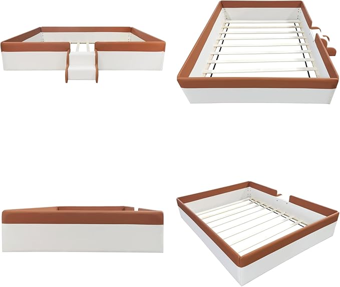 Merax Full Size Daybed Frame with Fence and Stairs, Upholstered Wood Bed for Living Room, Floor Bed, White+Brown
