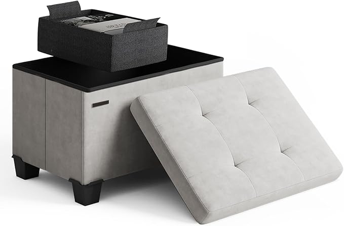 Storage Ottoman Cube with Small Bin, 16-in Square Ottoman with Storage for Living Room and Bedroom, Small Ottomans Foot Rest, Velvet Foot Stools Ottomans Max 330lbs, Light Grey