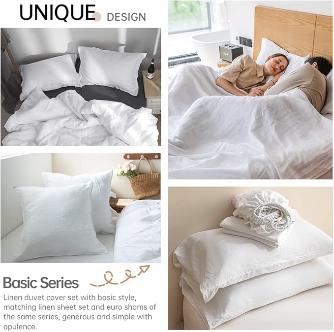 Simple&Opulence 100% Linen Duvet Cover Set 3pcs Basic Style Natural French Washed Flax Solid Color Soft Breathable Farmhouse Bedding with Button Closure - White, California King
