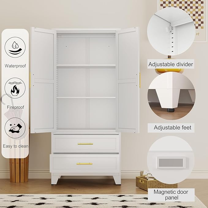 erosoei 71" H Metal Pantry Storage Cabinet,Office File Cabinets with 2 Drawers and Shelves, Kitchen Cupboard Storage Cabinet for Bedroom and Dinning Room（White）