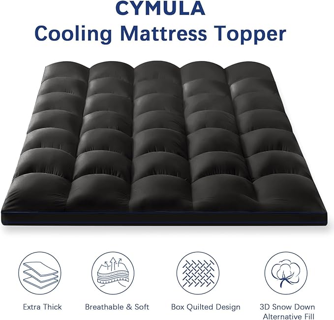 CYMULA Full Size Mattress Topper, Cooling Mattress Pad Cover, Thick Full Bed Pillow Topper Mattress Topper with Deep Pockets, Washable Plush Down Alternative Fill Mattress Protector, Black