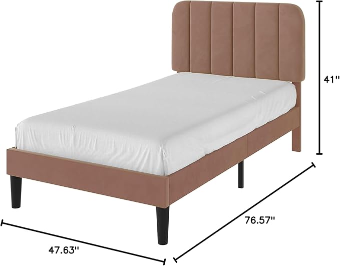 VECELO Twin Size Bed Frame with Upholstered Headboard, Velvet Platform Bedframe Mattress Foundation, Strong Wood Slat Support, No Box Spring Needed,Warm Brown