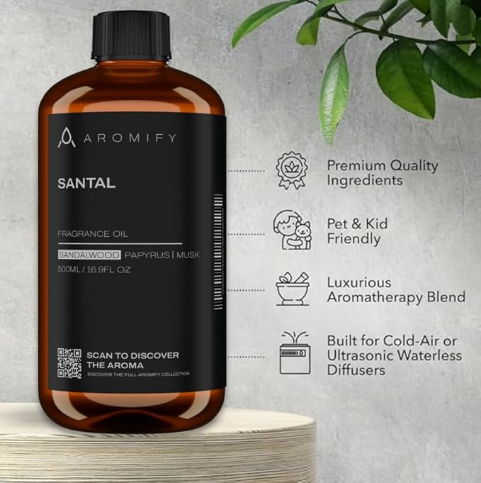 Santal Diffuser Oil, 16.9 FL Oz, 500 mL, Diffuser Fragrance Oil for Home, Bathroom & Office, Aromatherapy Blend of Natural Essential Oil, Sandalwood & Musk Scent.