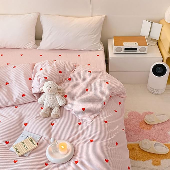 Nayoroom Heart Duvet Cover Queen Size Cute Pink Striped Printed Bedding Set 3Pcs Kids Girls Kawaii Heart-Shaped Comforter Cover with Zipper Closure Soft Breathable Microfiber
