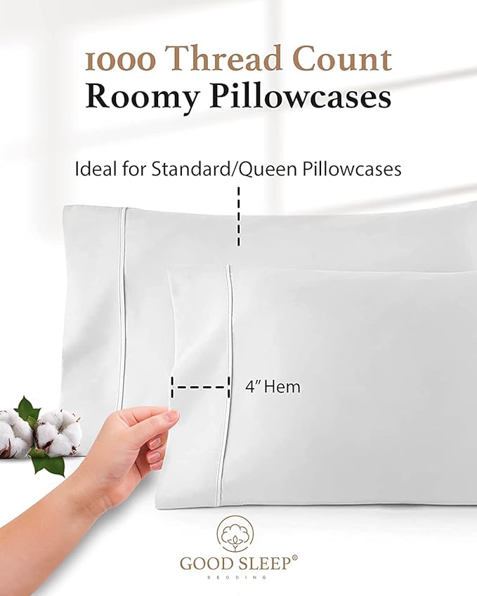 1000 TC White Standard Pillowcases Set of 2 100% Egyptian Cotton Pillow Cases with Long Staple Cotton & Sateen Weave, Silky Soft Hotel - Like Bed Pillow Covers for Comfy Sleeping, Snug Fit