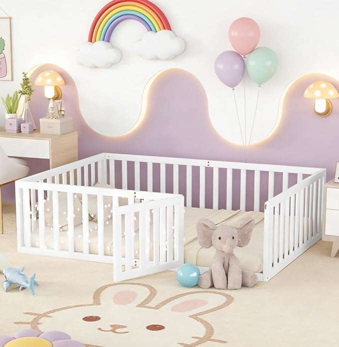 Bellemave Full Size Montessori Floor Bed with 21.7" High Rails, Pine,Plywood Floor Bed with Small Door, White