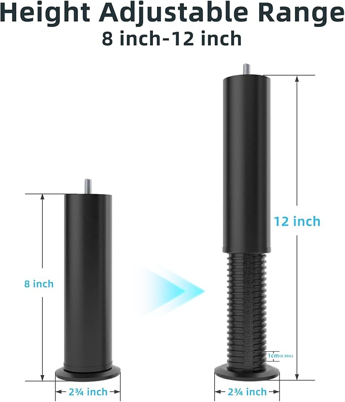 Adjustable 8-12 inch Bed Legs Metal Replacement Heavy Duty Leg M8 M10 Thread 4Pcs Support Leg for Adjustable Bed Frame, Sofa, Cupboard, Desk