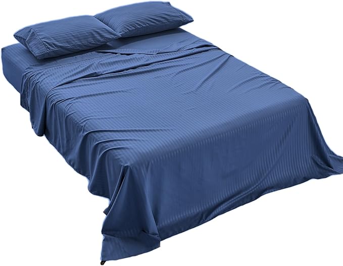 Kingnex Striped RV Short Queen Sheets Set for 60 x 75 Camper Bed with up to 15 Deep Soft Brushed 1800 Microfiber 4 Piece Bedding Set 60x75 Navy
