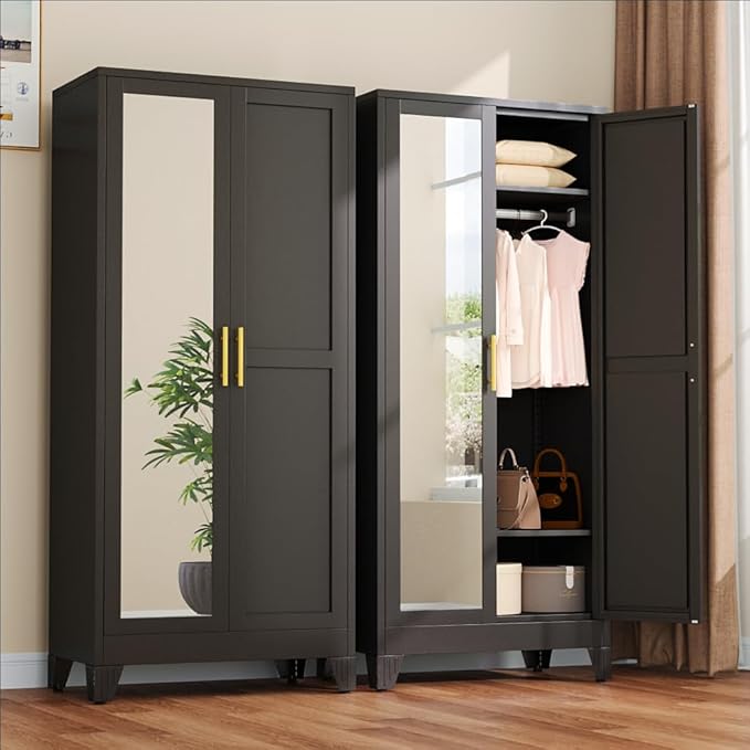 winiowa Metal Armoire Wardrobe Closet with 2 Mirror Doors, 71" Wardrobe Cabinet with Adjustable Shelves and Hanging Rod, Clothing Storage Cabinet Closet with Mirror for Bedroom-Black