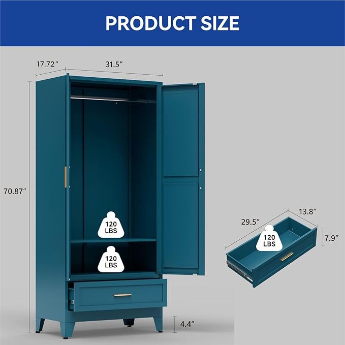 COFaR Metal Wardrobe Closet with Doors, 71'' Tall Farmhouse Bedroom Armoires with Drawer and Hanging Rod, Freestanding Steel Wardrobe Cabinet Coat Closet for Bedroom, Peacock Blue