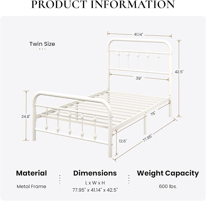 SHA CERLIN Twin Size Metal Platform Bed Frame with Victorian Style Iron-Art Headboard and Footboard, Easy Assembly, Under Bed Storage, No Box Spring Required, Off White